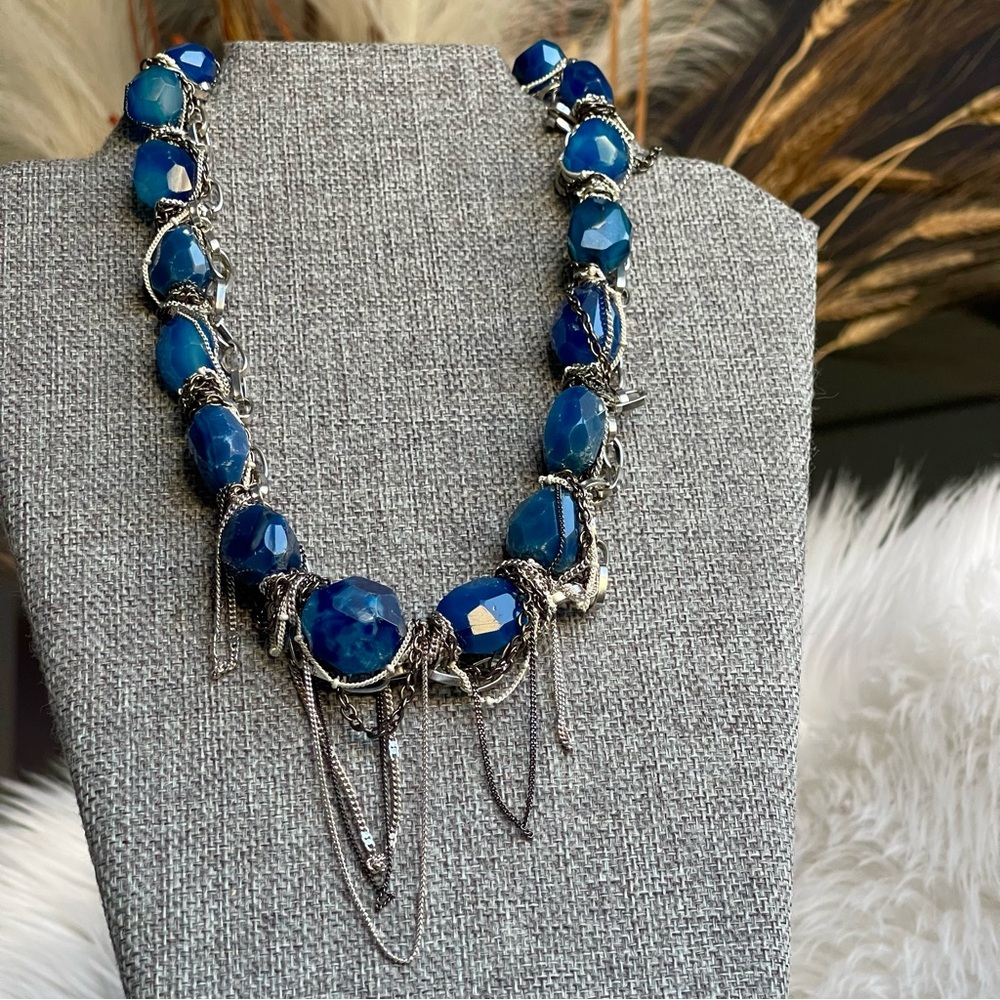 NAKAMOL Grungy Style Blue Chunky faceted Semi-Precious Stones Mixed Metal Chains